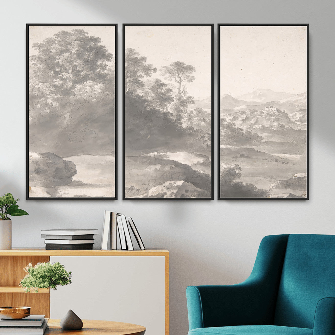 33041209-MGV-CV-36X24 - Van Poelenburch Landscape Canvas Wall Art — Dutch Golden Age Gray Wash Drawing Print | Baroque Italianate Nature Decor | Old Master Classic Gift