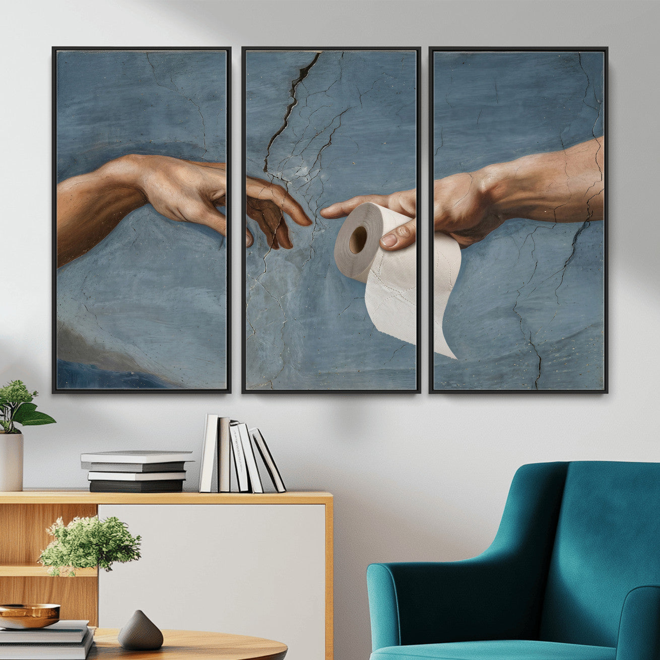 42648143-MGV-CV-36X24 - Funny Bathroom Canvas Wall Art, Michelangelo Creation of Adam Toilet Paper Parody, Renaissance Humor Print, Quirky Housewarming Gift, Toilet Room Decor
