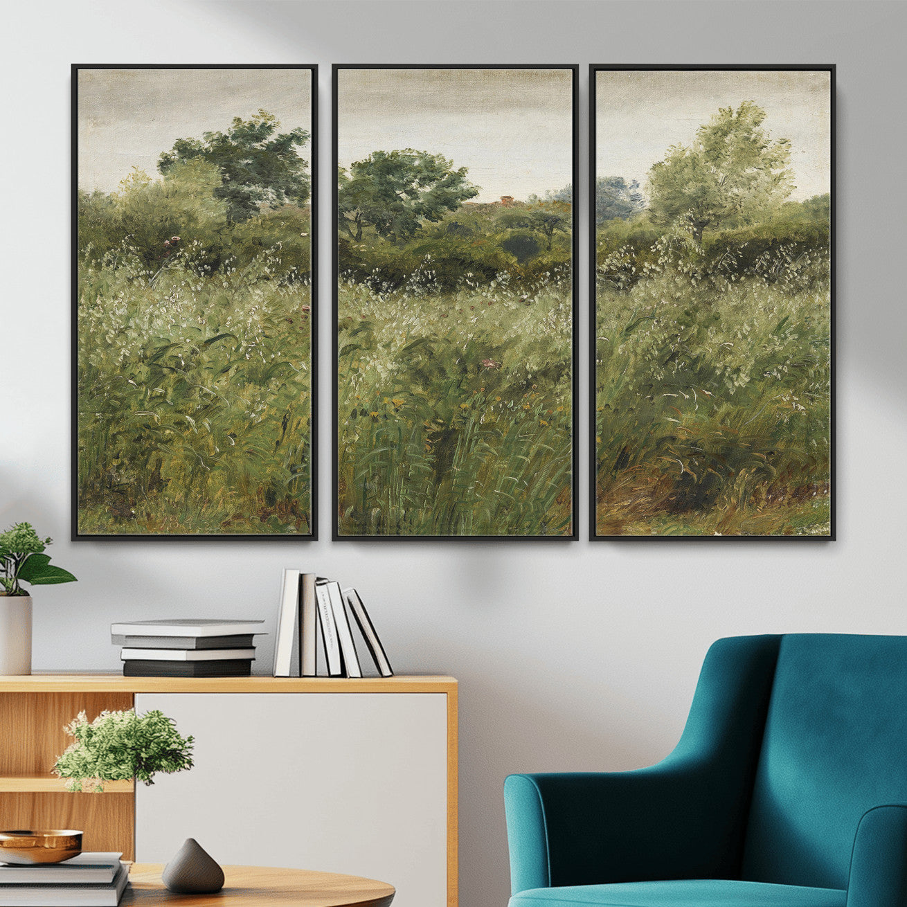 92328261-MGV-CV-36X24 - Wildflower Meadow Canvas Wall Art, Impressionist Overgrown Field Painting Print, Vintage Green Nature Decor, Cottagecore Botanical Art, Living Room Print