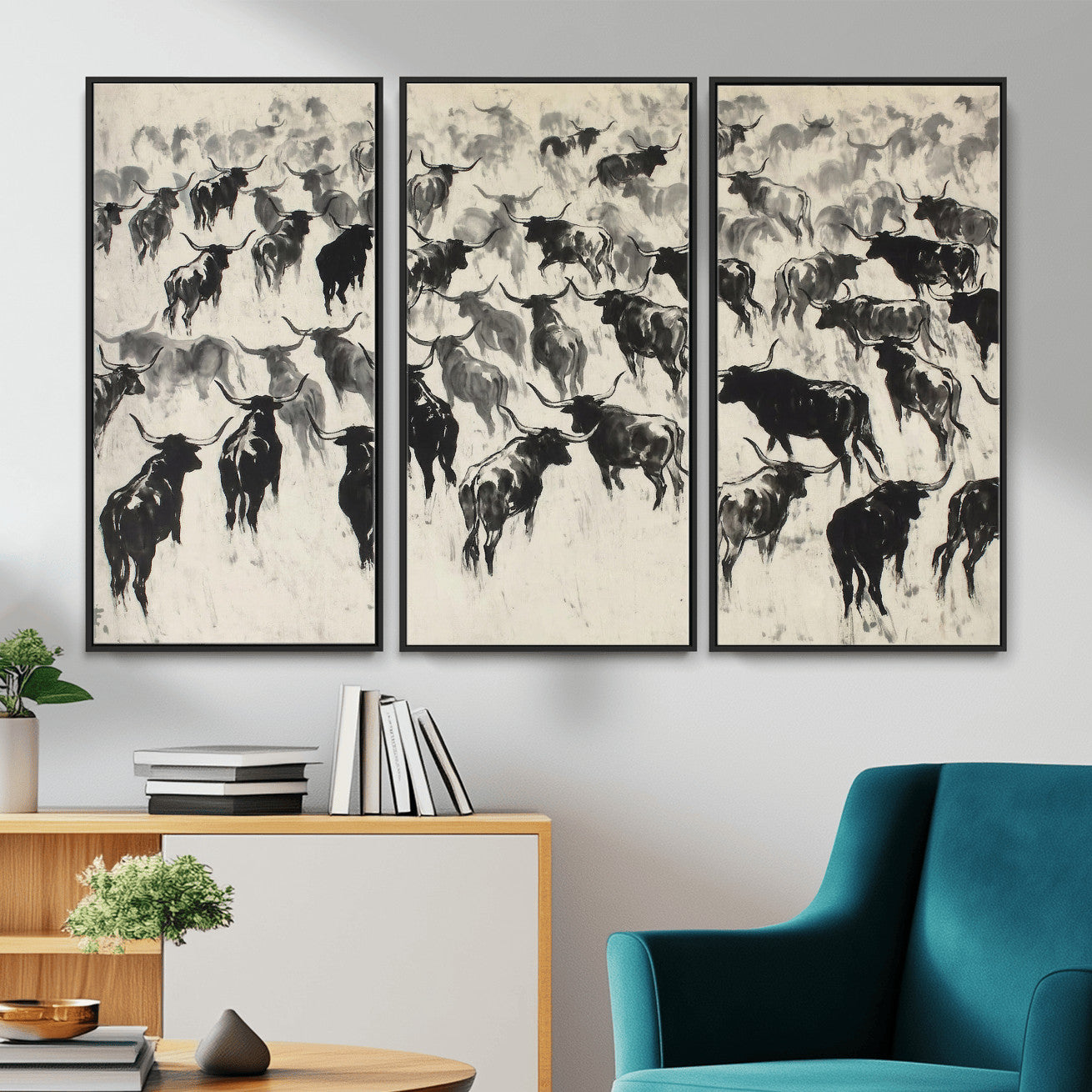 68669792-MGV-CV-36X24 - Longhorn Cattle Canvas Wall Art, Black White Stampede Ink Painting Print, Western Farmhouse Decor, Bull Herd Art, Large Living Room Wall Art, Ranch Home Decor