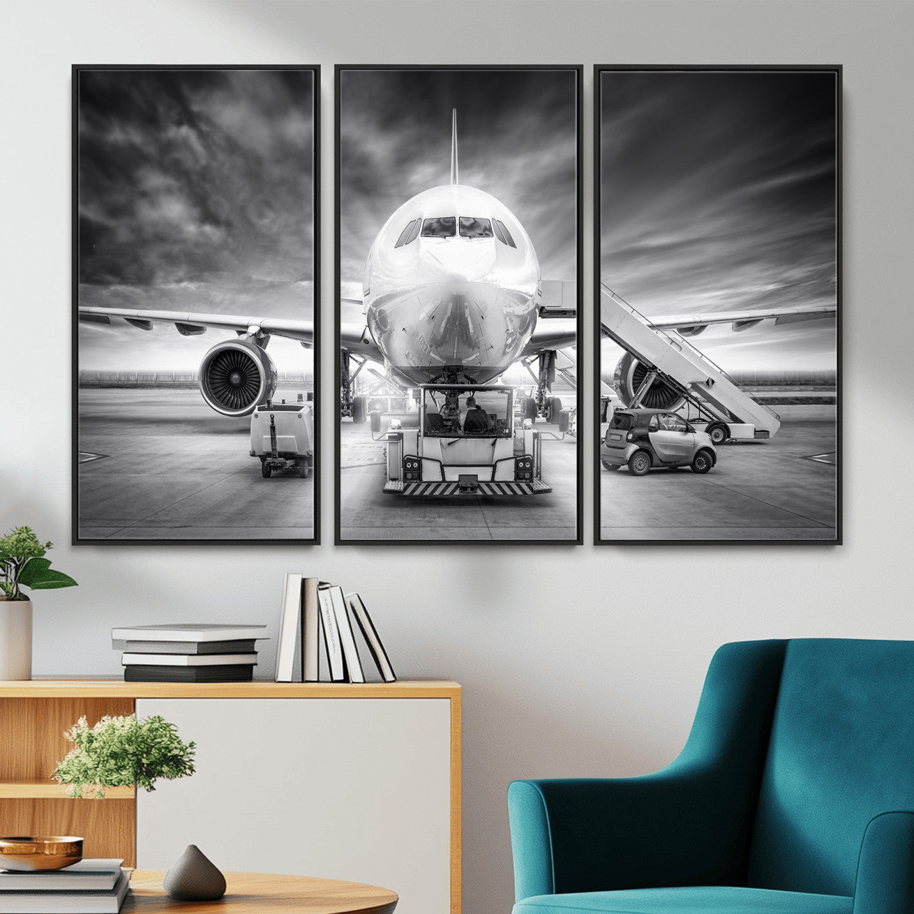 85885848-MGV-CV-36X24 - Airplane Wall Art Canvas Print, Black and White Jet Aircraft Airport Runway Framed Aviation Artwork for Pilot Office Hangar Travel Decor