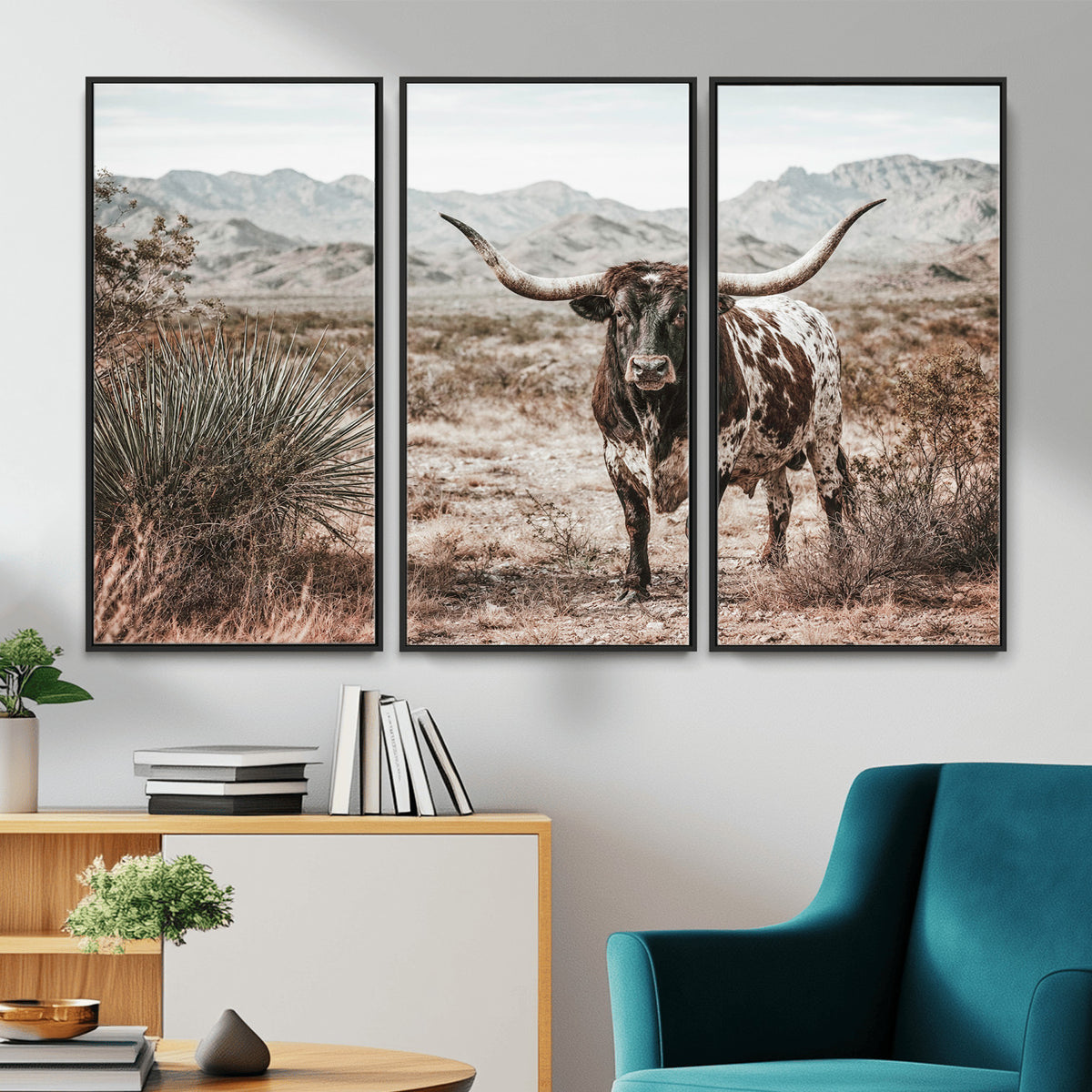 17622011H-MGV-CV-36X24 - Texas Longhorn Bull Wall Art Canvas Print, Western Farmhouse Cowboy Decor, Rustic Texas Ranch Cattle Artwork for Living Room Bedroom Office, Framed Wall Decor