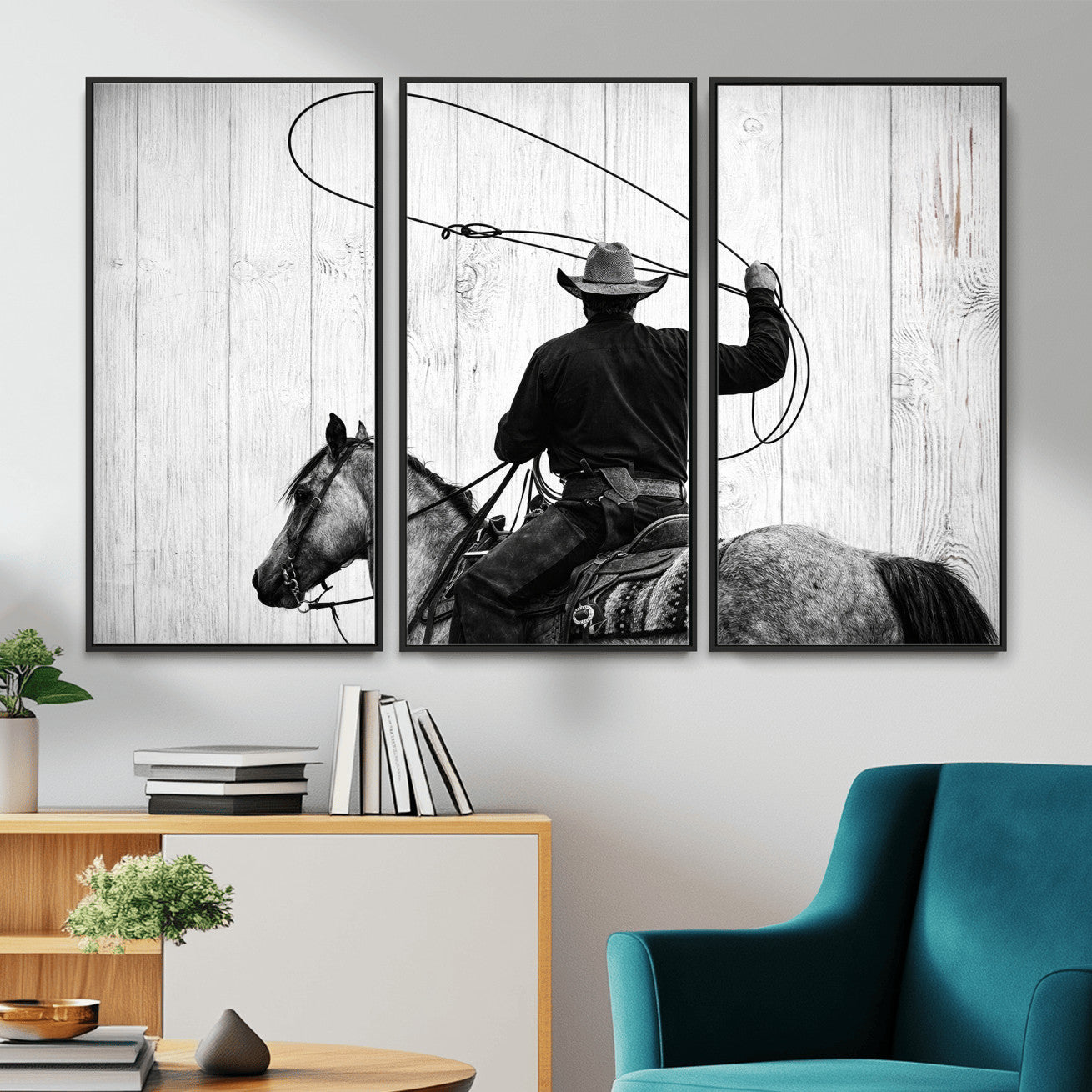 22569358-MGV-CV-36X24 - Cowboy Lasso Canvas Wall Art, Black White Western Horse Photo Print, Rustic Ranch Rodeo Decor, Farmhouse Western Art, Cowboy Gift for Him