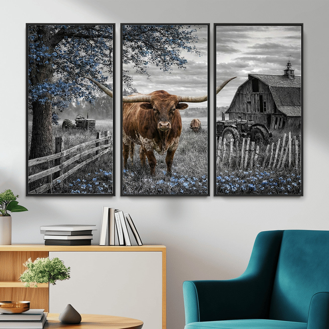 19366343-MGV-CV-36X24 - Texas Longhorn Canvas Wall Art, Rustic Farm Barn Bluebonnet Photography Print, Farmhouse Country Decor, Western Ranch Art, Old Truck Tractor Print