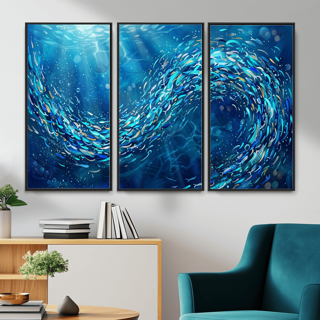 54535639-MGV-CV-36X24 - School of Fish Canvas Print | Blue Ocean Underwater Wall Art | Swirling Fish Shoal Illustration | Marine Navy Coastal Decor