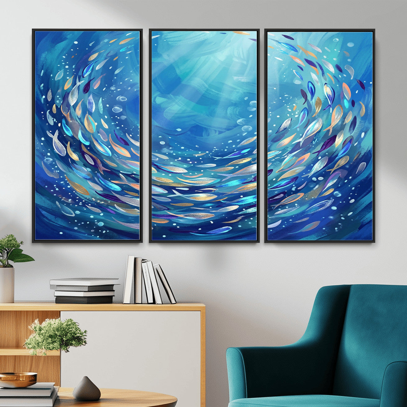 78699899-MGV-CV-36X24 - School of Fish Canvas Print | Blue Ocean Underwater Wall Art | Swirling Fish Shoal Illustration | Marine Navy Coastal Decor