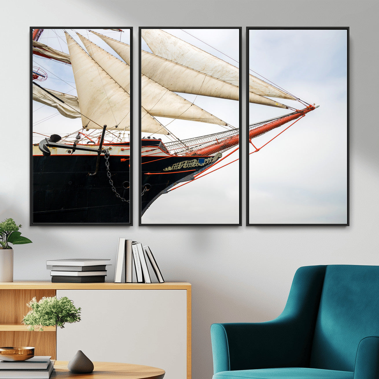 64830036-MGV-CV-36X24 - Sailboat Wall Art Canvas Print, Vintage Ship Bow Framed Artwork, Nautical Sailing Decor for Living Room Office Beach House