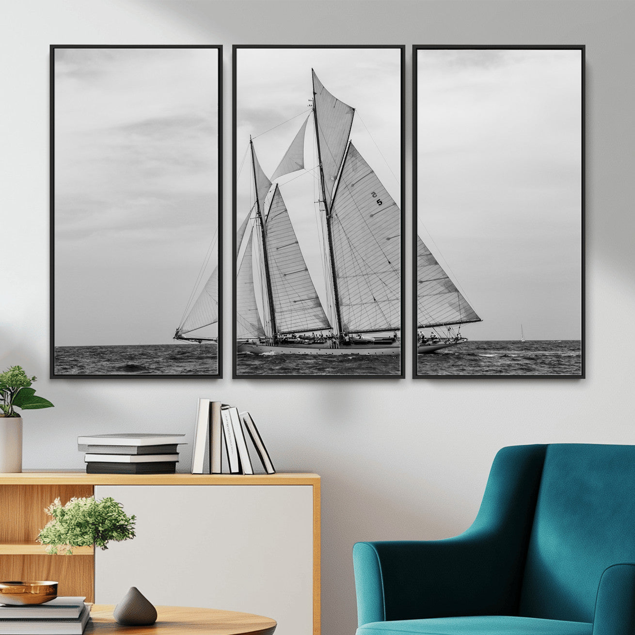 52882918-MGV-CV-36X24 - Vintage Sailboat Wall Art Canvas Print, Black and White Schooner Framed Artwork, Nautical Ocean Sailing Decor for Living Room Office Beach House