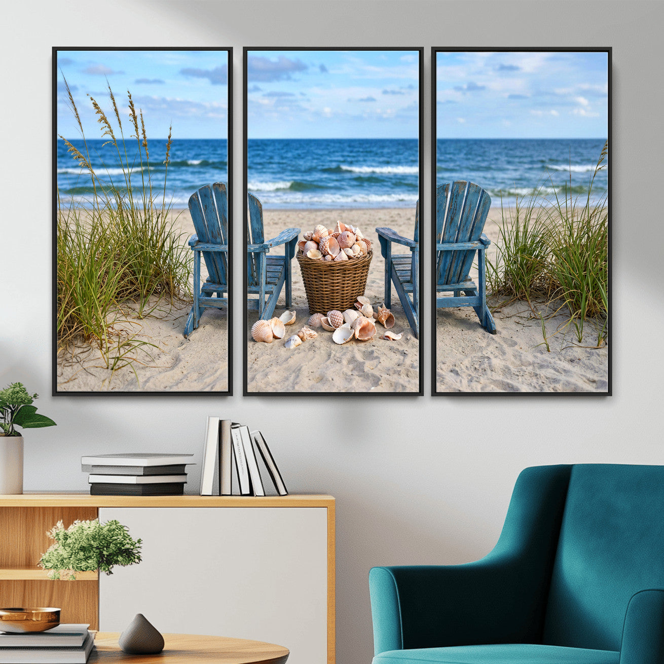 80268829-MGV-CV-36X24 - Large Beach Canvas Wall Art Coastal Adirondack Chairs Ocean Seashells Blue Nautical Framed Large for Living Room Bedroom Bathroom Decor