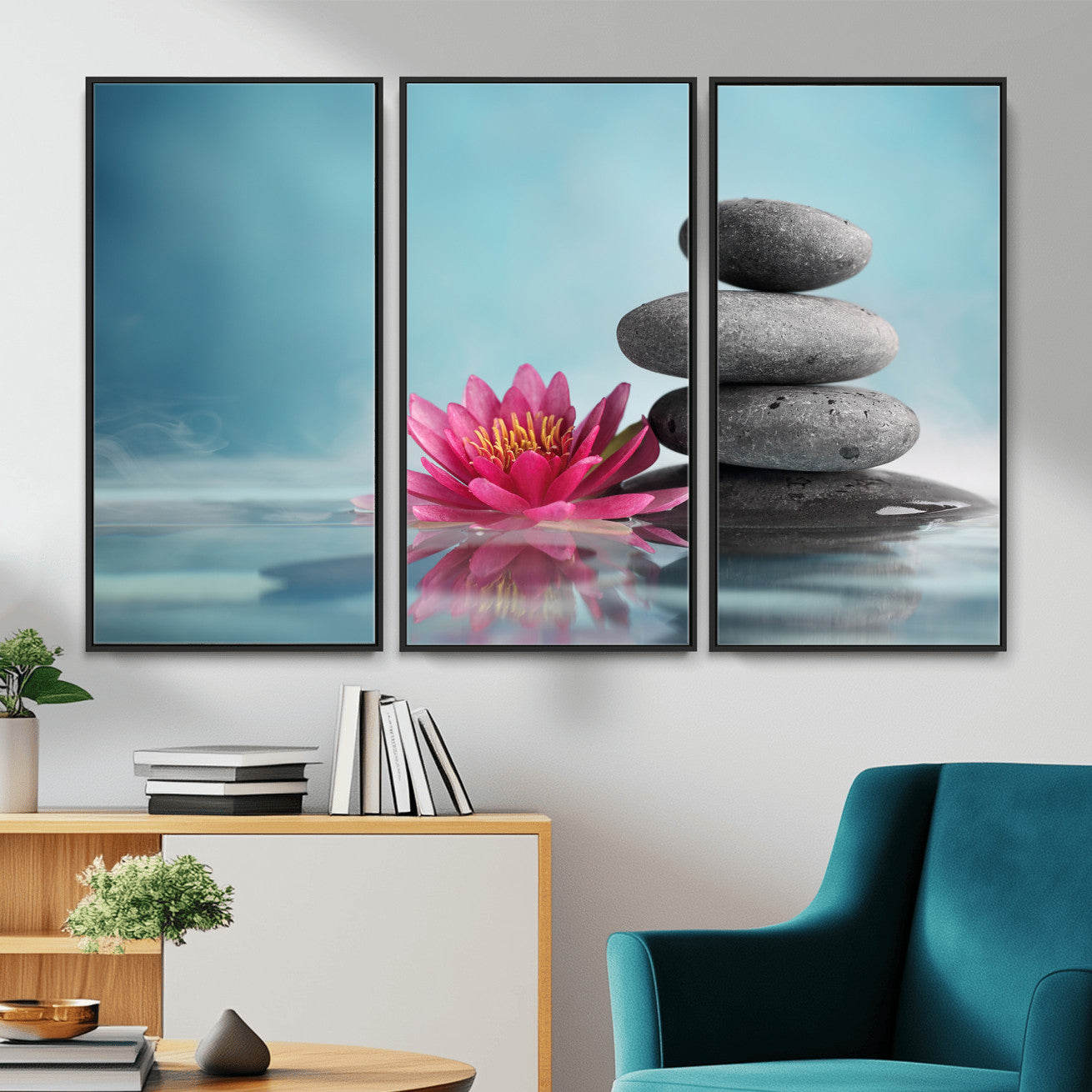 84293154-MGV-CV-36X24 - Zen Canvas Wall Art Lotus Flower Stacked Stones Teal Spa Meditation Relaxation Framed Large for Bathroom Bedroom Living Room Office Decor