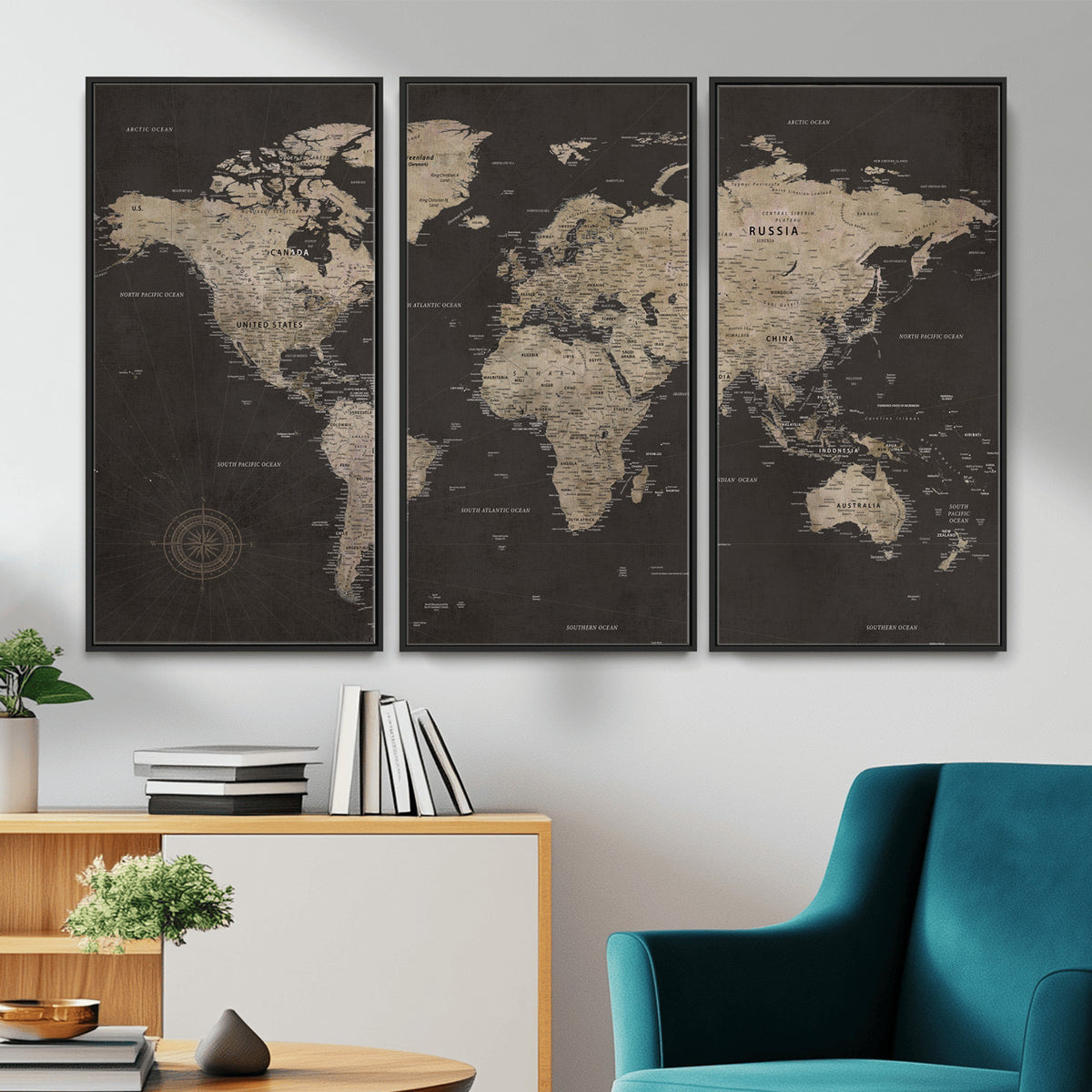 56556018136-MGV-CV-36X24 - World Map Canvas Wall Art, Dark Charcoal and Antique Tan Detailed Map