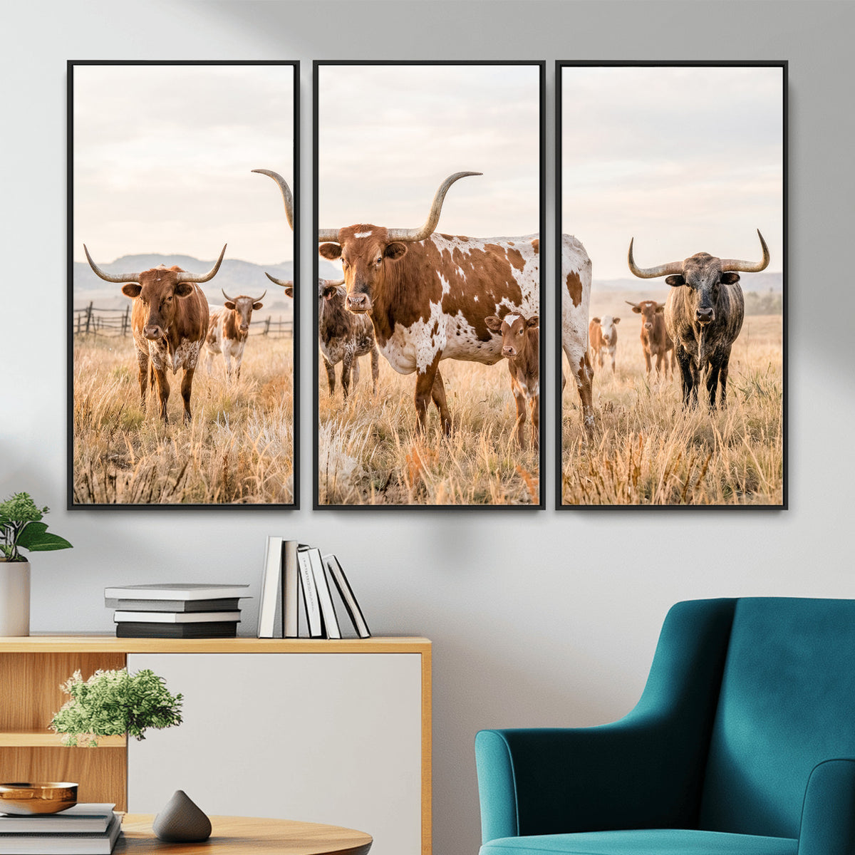 62336425AC-MGV-CV-36X24 - Texas Longhorn Canvas Wall Art, Rustic Farm Animal Photography Print, Farmhouse Country Decor, Western Ranch Art