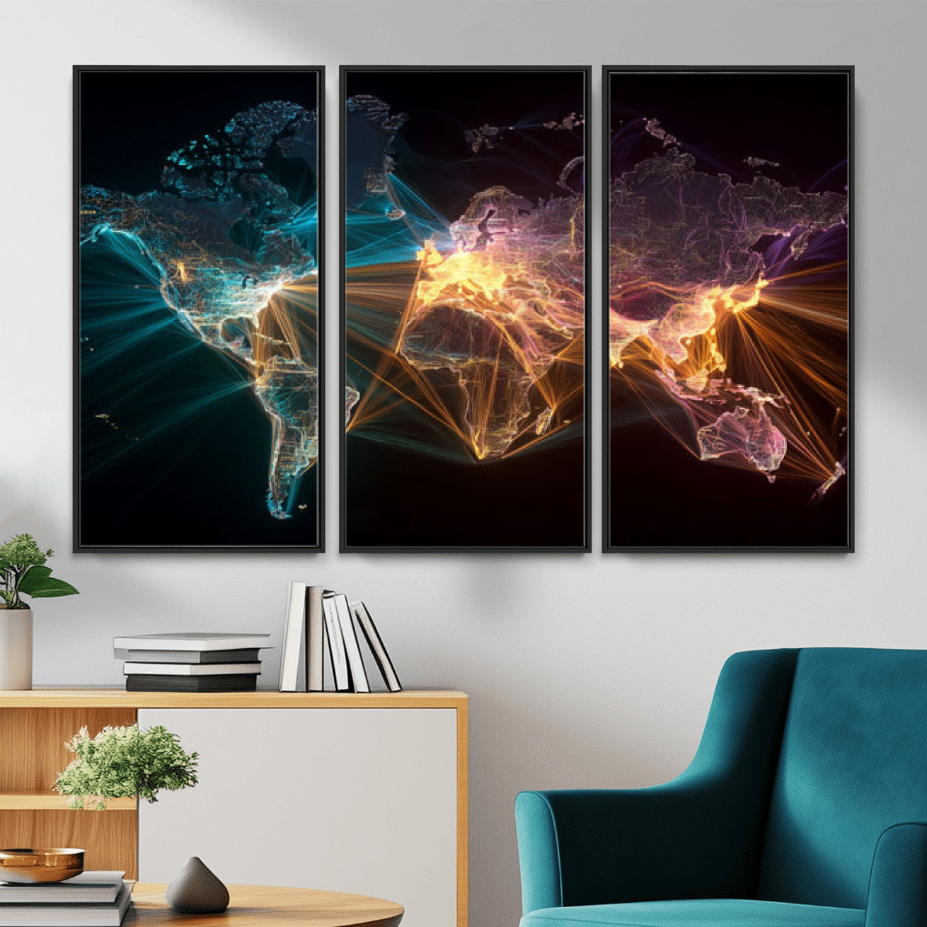14891737-MGV-CV-36X24 - World Map and Global Flight Routes Map Canvas Wall Art, Worldwide Aviation Network Print, International Air Travel Wall Decor