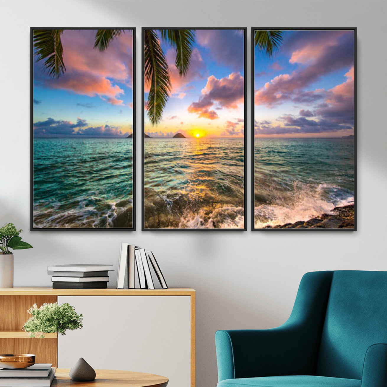 13207742-MGV-CV-36X24 - Hawaii Beach Sunset Canvas Wall Art Print, Tropical Ocean Landscape Artwork, Palm Tree Coastal Decor for Living Room Bedroom