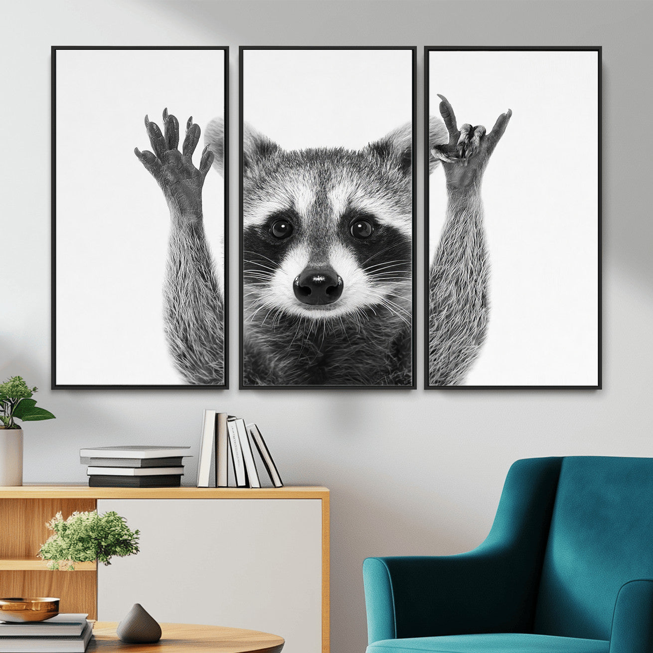 82392228-MGV-CV-36X24 - Funny Raccoon Canvas Wall Art, Black White Hands Up Animal Photo Print, Humorous Wildlife Decor, Kids Room Nursery Art, Quirky Animal Gift