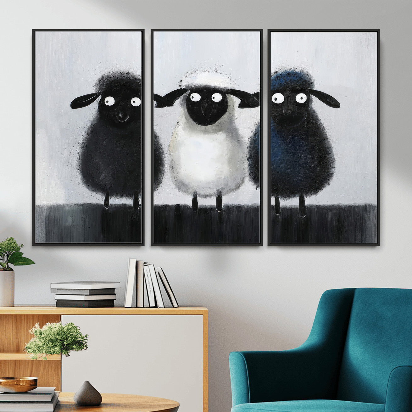 45650028-MGV-CV-36X24 - Funny Sheep Canvas Wall Art, Three Quirky Sheep Painting Print, Cute Animal Nursery Decor, Black White Navy Farmhouse Art, Kids Room Gift