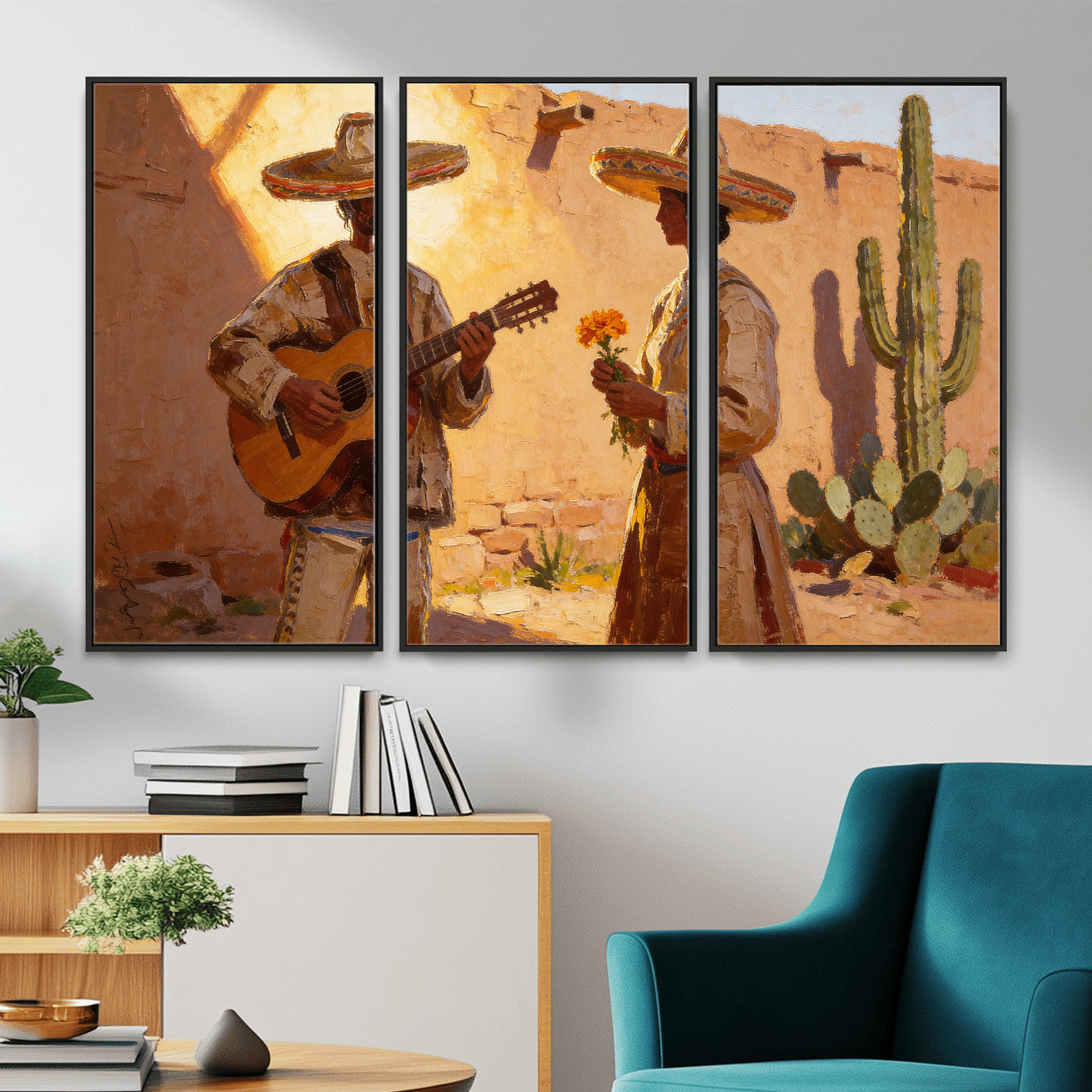 41849005-MGV-CV-36X24 - Mexican Couple Canvas Wall Art, Romantic Serenade Guitar Painting Print, Southwestern Desert Adobe Decor, Warm Golden Folk Art, Living Room Art