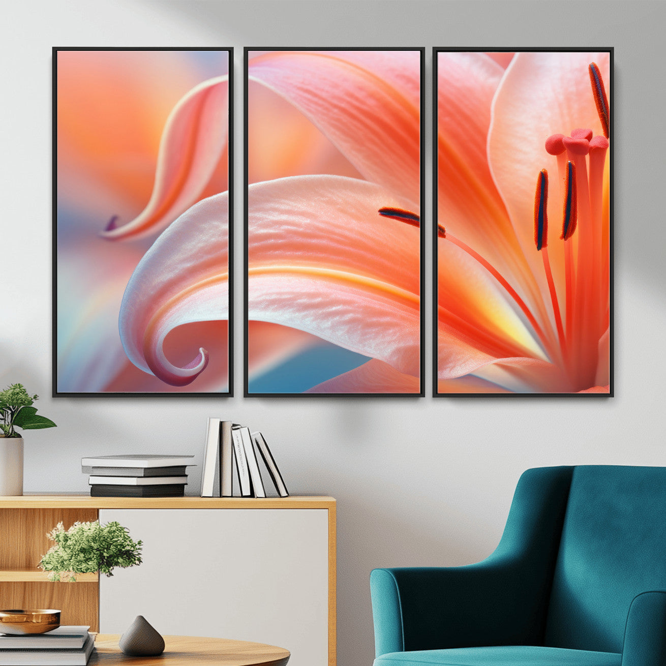 69566231-MGV-CV-36X24 - Peach Lily Canvas Wall Art, Coral Pink Flower Macro Photo Print, Botanical Bedroom Decor, Soft Floral Photography, Living Room Wall Art