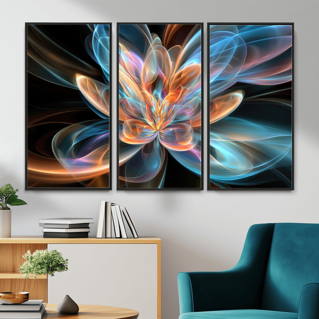 91902283-MGV-CV-36X24 - Fractal Lotus Canvas Wall Art, Blue Orange Glowing Flower Abstract Print, Modern Zen Meditation Room Decor, Ethereal Digital Art, Living Room