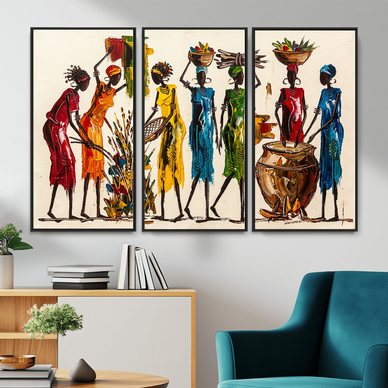 83463154-MGV-CV-36X24 - African Folk Art Canvas Wall Art, Colorful African Women Village Painting Print, Tribal Ethnic Home Decor, Vibrant African Art, Living Room