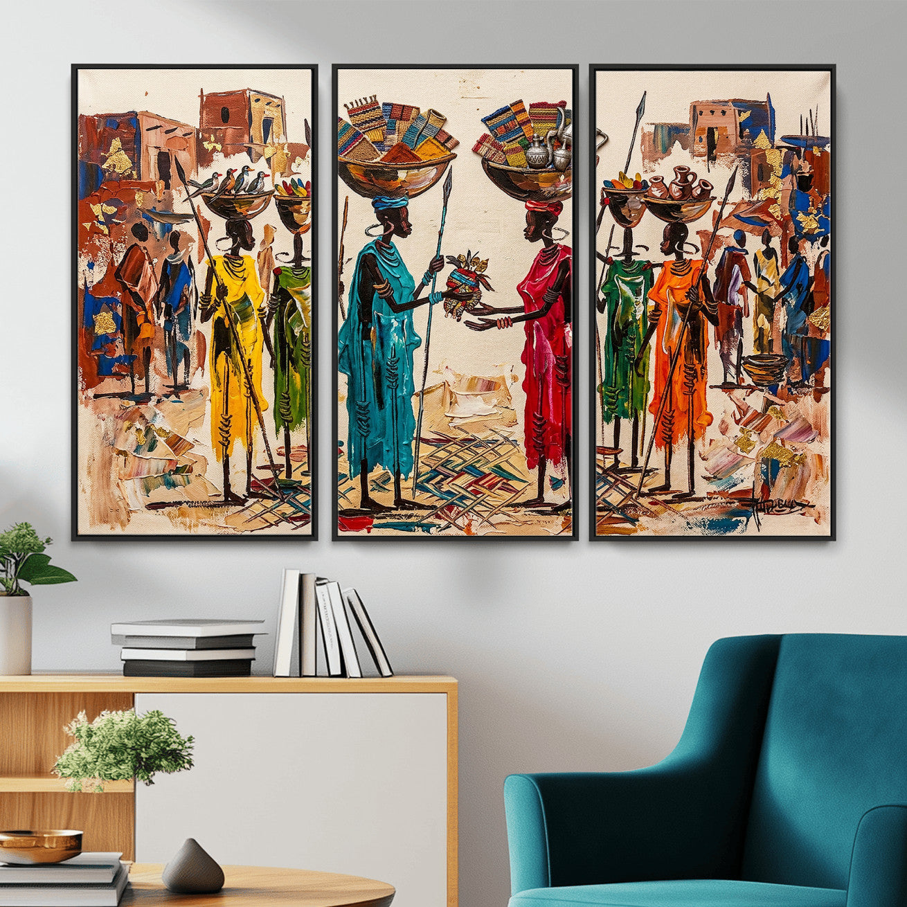 54818657-MGV-CV-36X24 - African Folk Art Canvas Wall Art, Colorful African Women Village Painting Print, Tribal Ethnic Home Decor, Vibrant African Art, Living Room