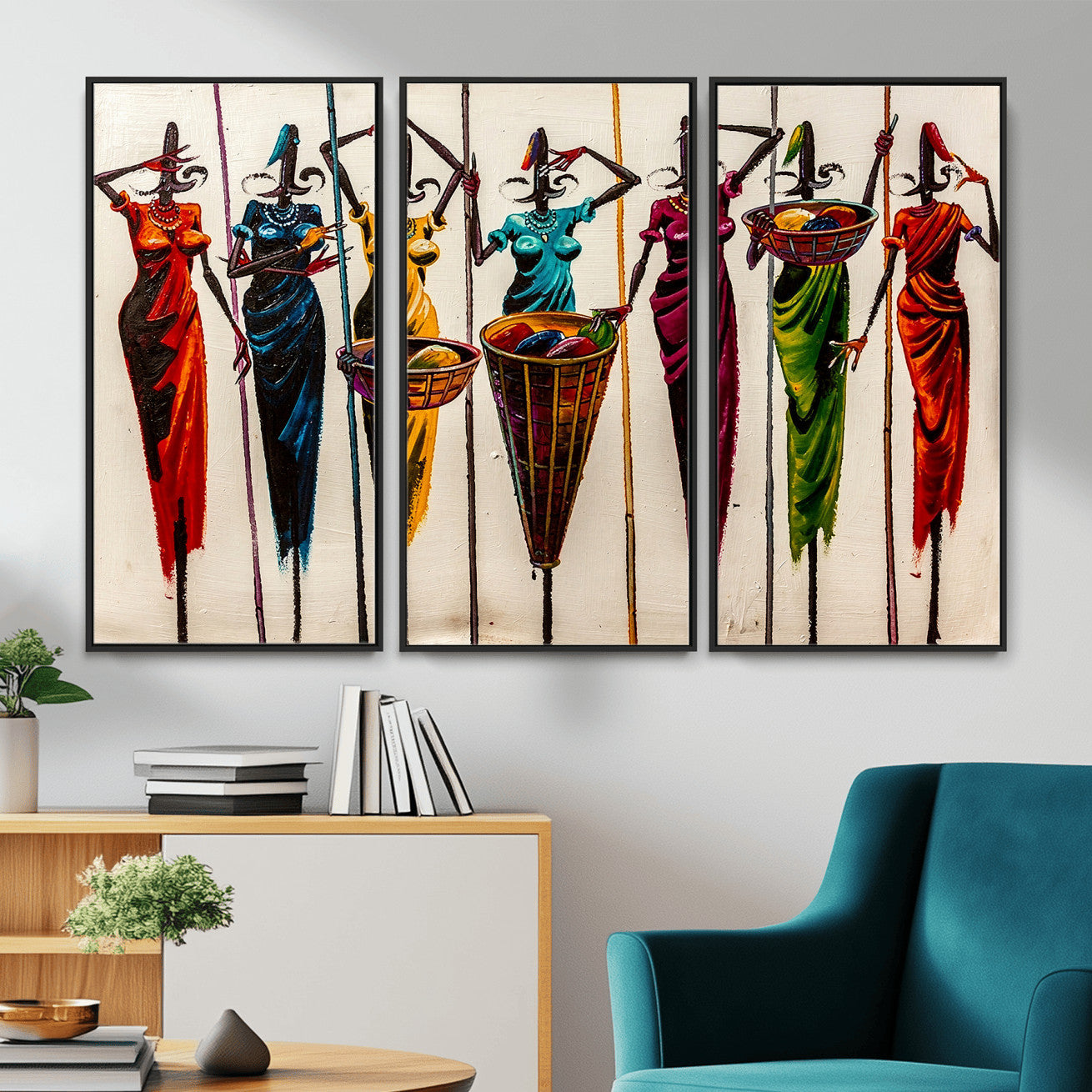 53545627-MGV-CV-36X24 - African Folk Art Canvas Wall Art, Colorful African Women Village Painting Print, Tribal Ethnic Home Decor, Vibrant African Art, Living Room