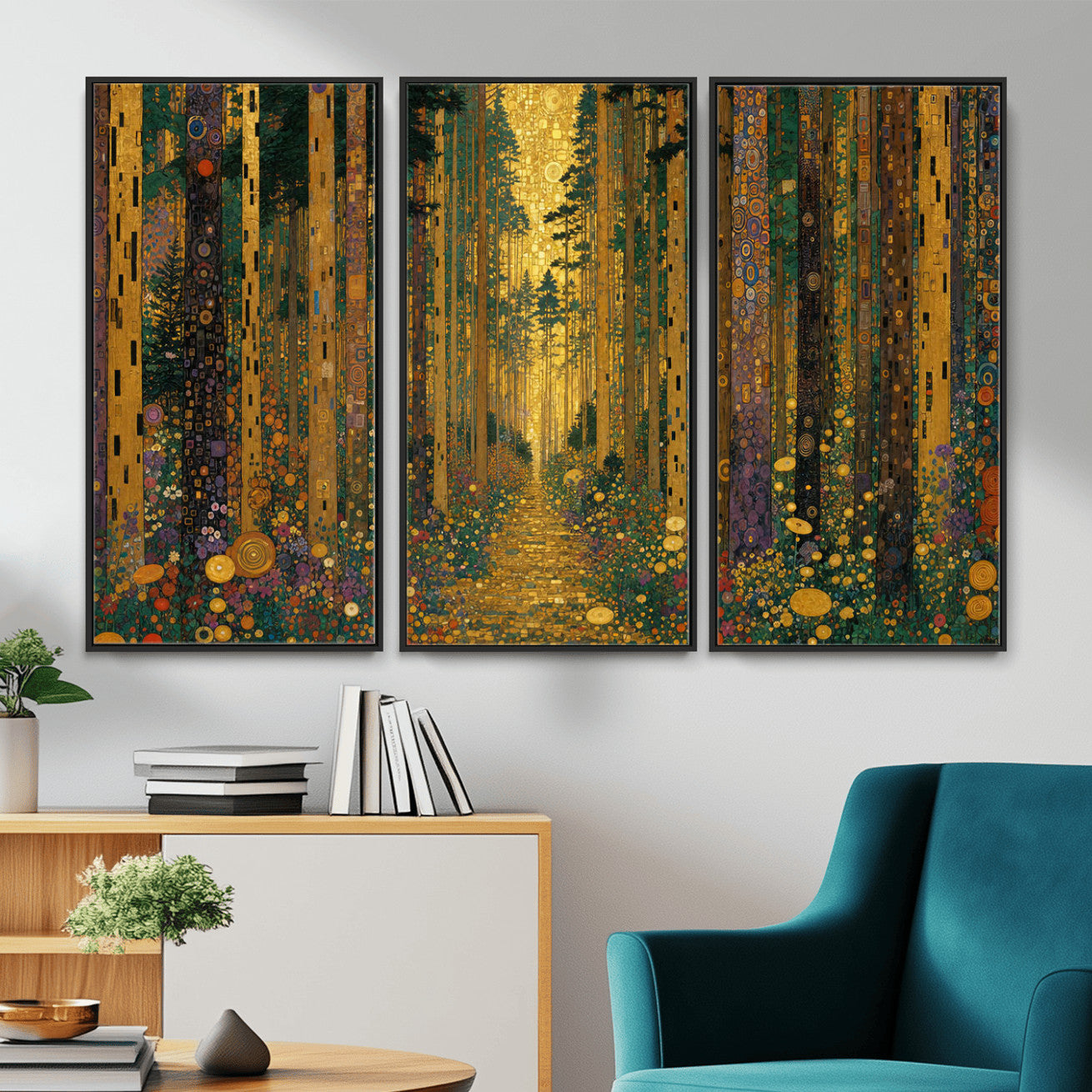 79483321G-MGV-CV-48X32-3P - Gustav Klimt Style Forest Canvas Wall Art, Golden Forest Path Floral Art Nouveau Print, Enchanted Woodland Decor