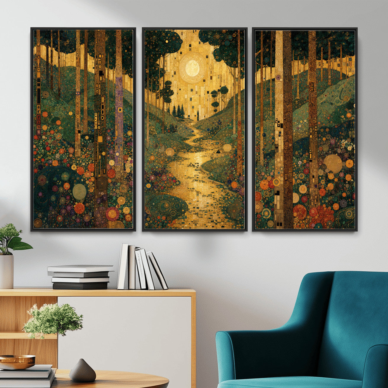 79483321GS-MGV-CV-48X32-3P - Gustav Klimt Style Forest Canvas Wall Art, Golden Forest Path Floral Art Nouveau Print, Enchanted Woodland Decor