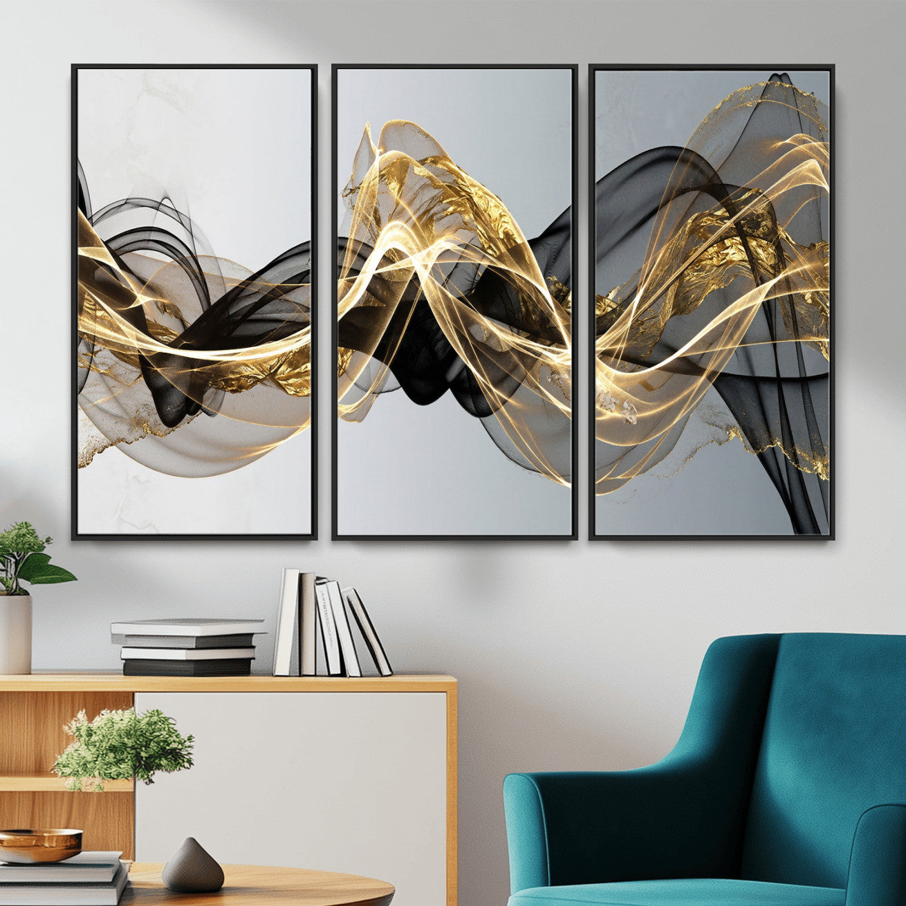 79483321DL-MGV-CV-36X24 - Black and Gold Abstract Wall Art, Modern Wave Canvas Print, Elegant Flowing Smoke Art, Luxury Living Room Decor