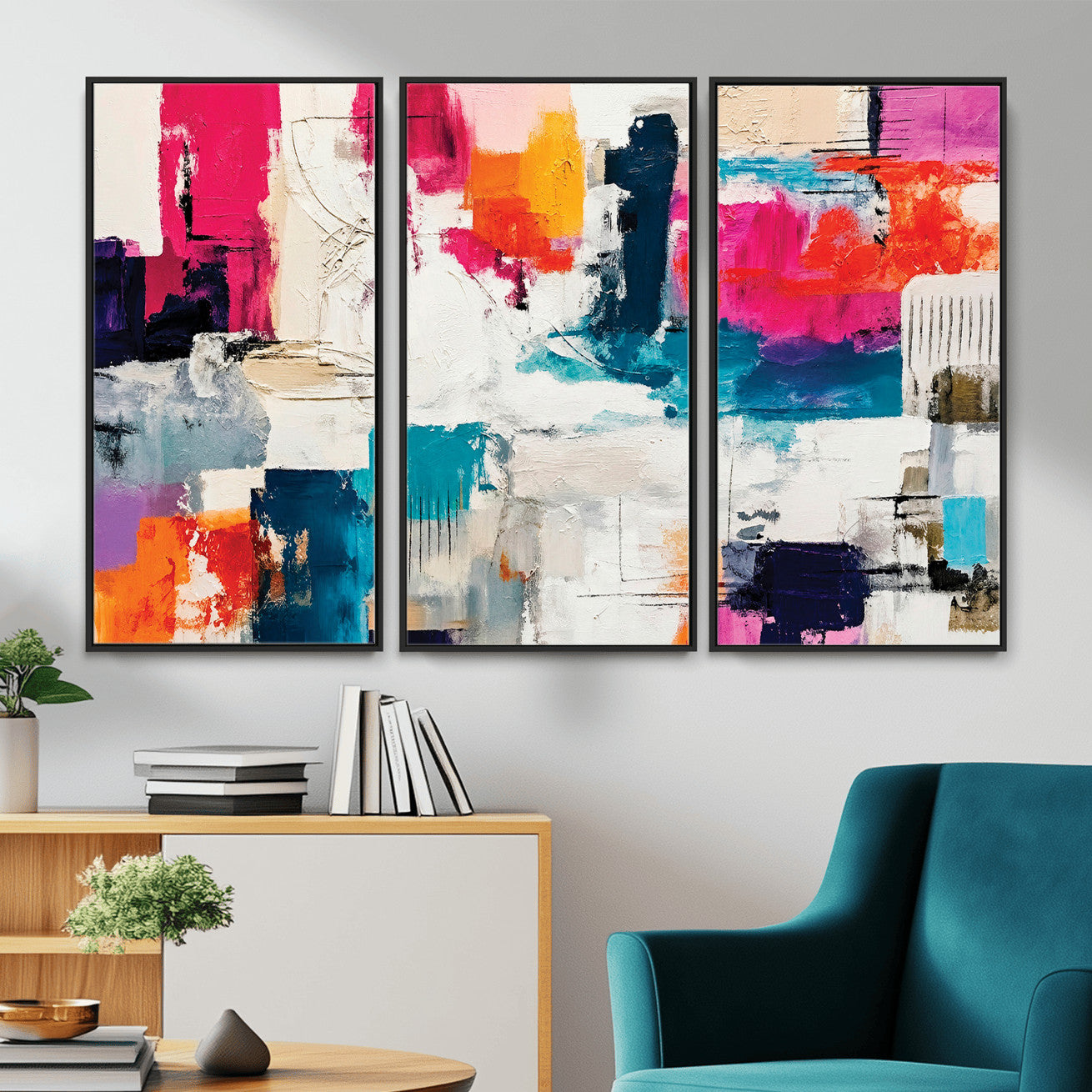 57864023-MGV-CV-36X24 - Blue Teal Abstract Canvas Wall Art | Modern Textured Painting Print, Navy Orange White Contemporary Art, Neutral Living Room Decor, Office Art