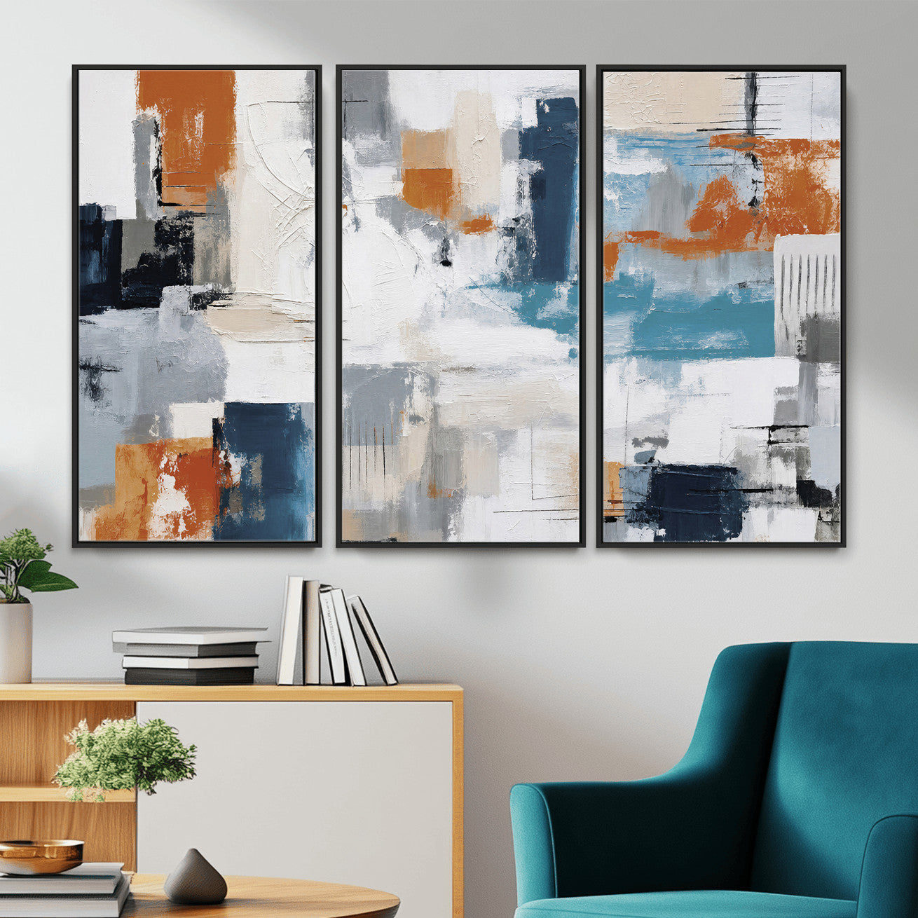 44950303-MGV-CV-36X24 - Blue Teal Abstract Canvas Wall Art, Modern Textured Painting Print, Navy Orange White Contemporary Art, Neutral Living Room Decor, Office Art