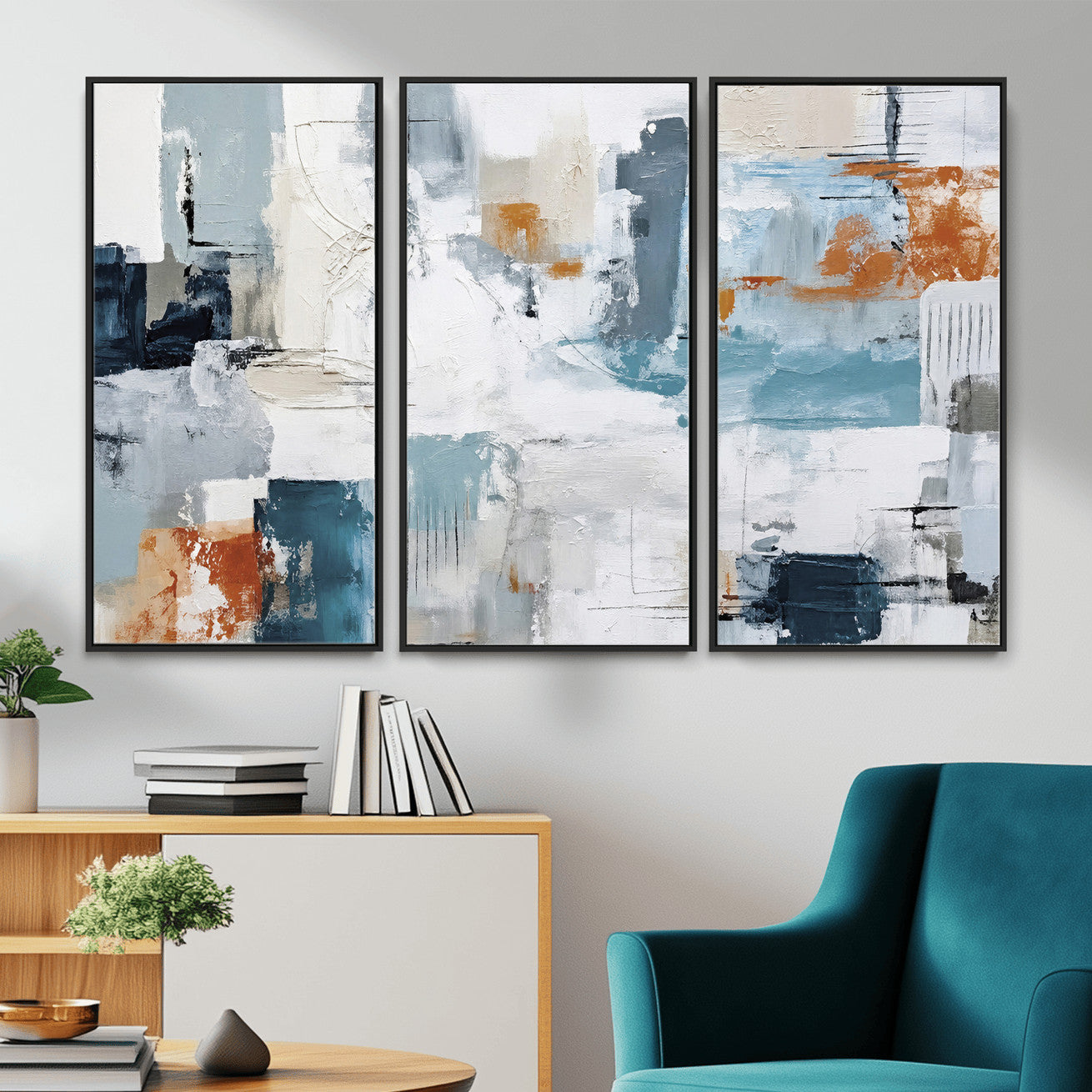 98638479-MGV-CV-36X24 - Blue Teal Abstract Canvas Wall Art, Modern Textured Painting Print, Navy Orange White Contemporary Art, Neutral Living Room Decor, Office Art
