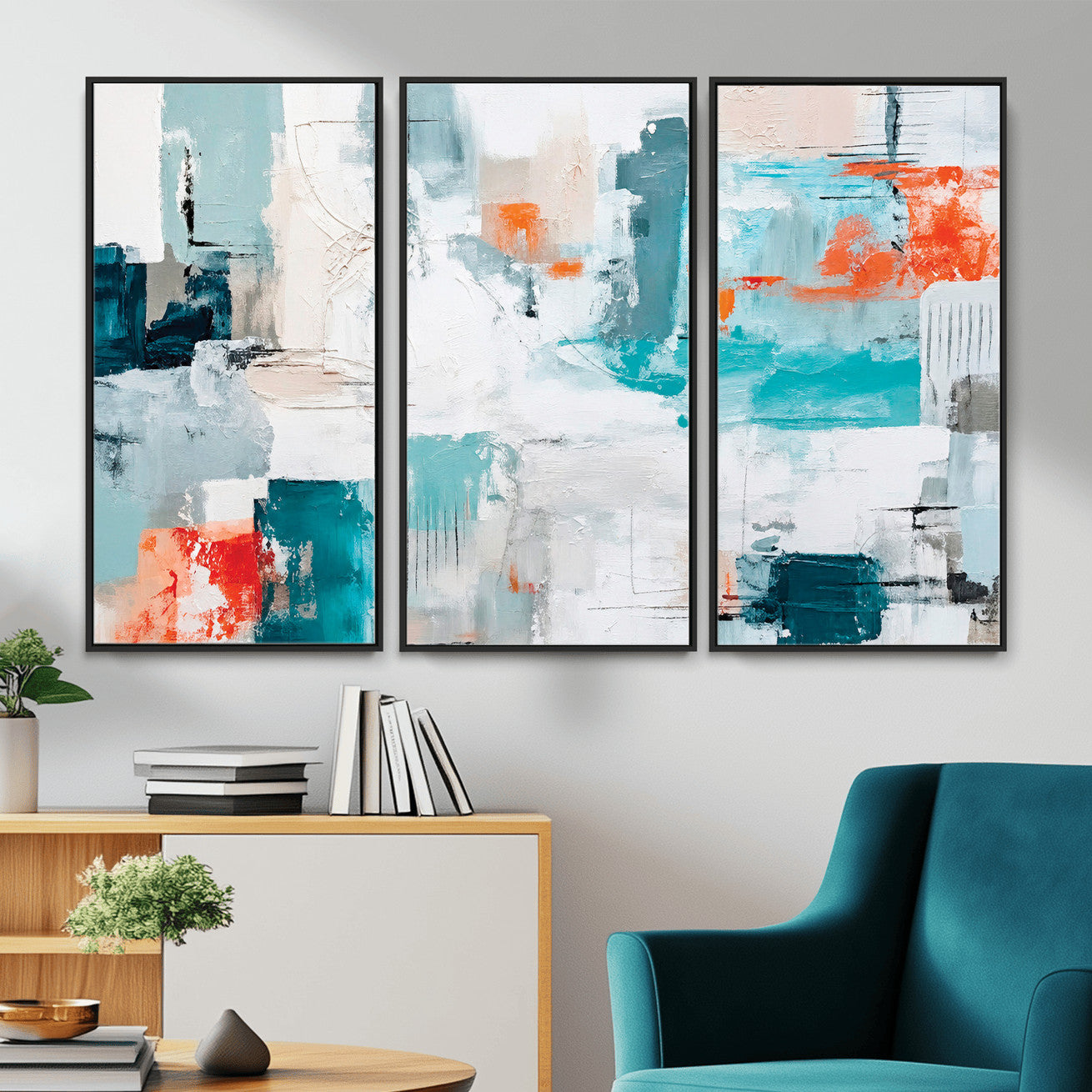 98638479-MGV-CV-36X24 - Blue Teal Abstract Canvas Wall Art | Modern Textured Painting Print, Navy Orange White Contemporary Art, Neutral Living Room Decor, Office Art