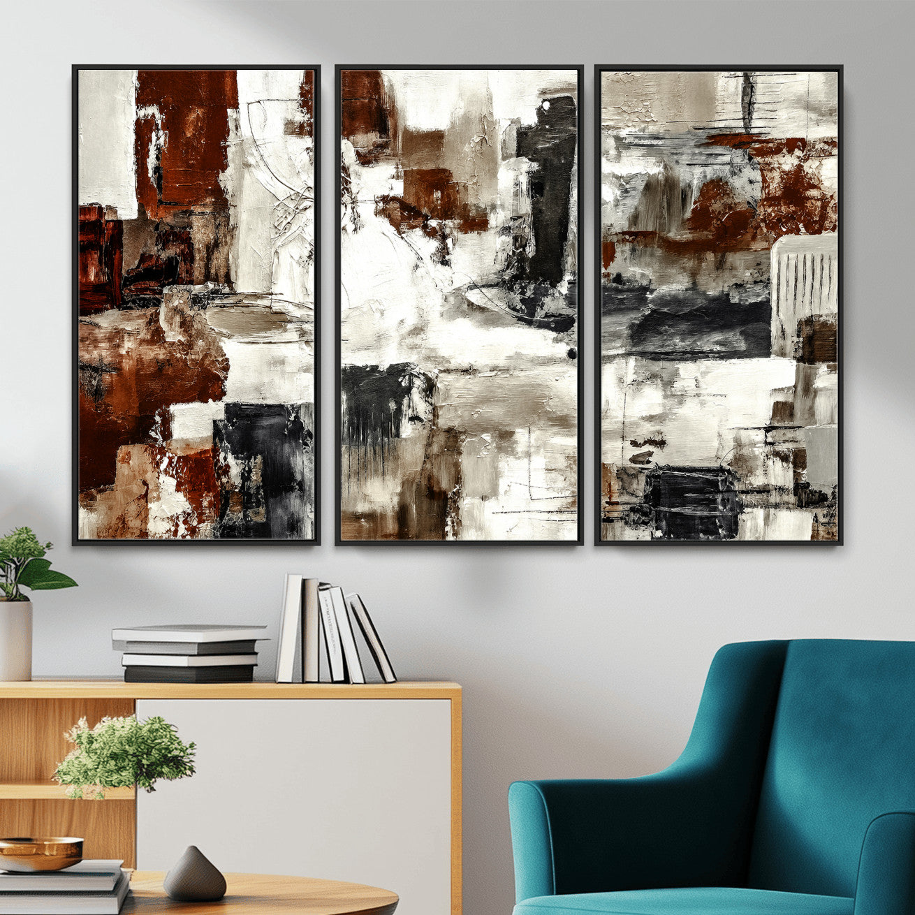 53022468-MGV-CV-36X24 - Blue Teal Abstract Canvas Wall Art, Modern Textured Painting Print, Navy Orange White Contemporary Art, Neutral Living Room Decor, Office Art