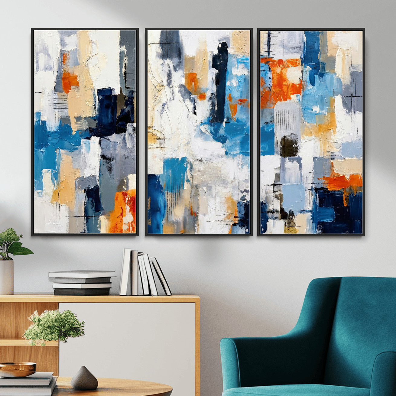 83915061-MGV-CV-36X24 - Blue Teal Abstract Canvas Wall Art, Modern Textured Painting Print, Navy Orange White Contemporary Art, Neutral Living Room Decor, Office Art
