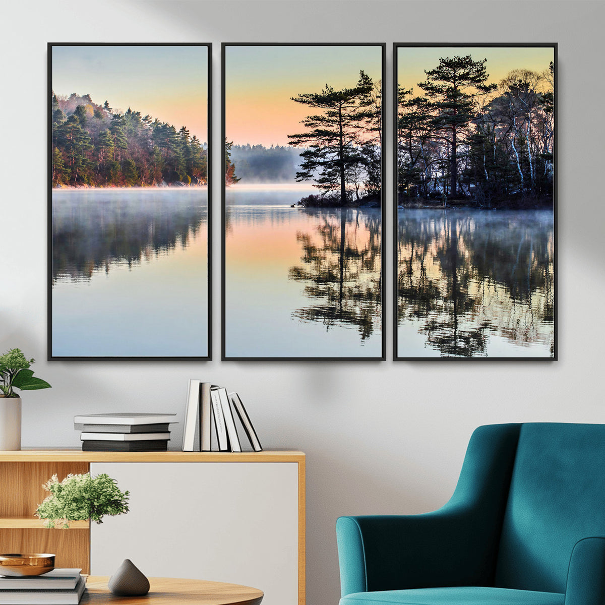 34236027-MGV-CV-36X24 - Before People Wake Canvas Wall Art Print, Misty Lake Sunrise Landscape, Forest Reflection Nature Decor, Ready to Hang