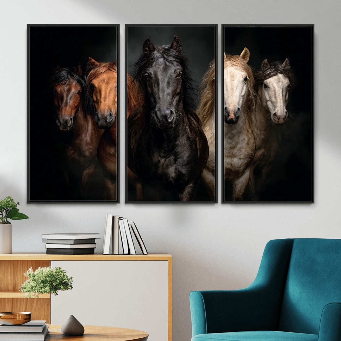 77696206-MGV-CV-36X24 - Horse Wall Art Canvas Print, Wild Horses Portrait Photography, Animal Horse Decor, Black Brown White Horse Herd, Rustic Ranch Art
