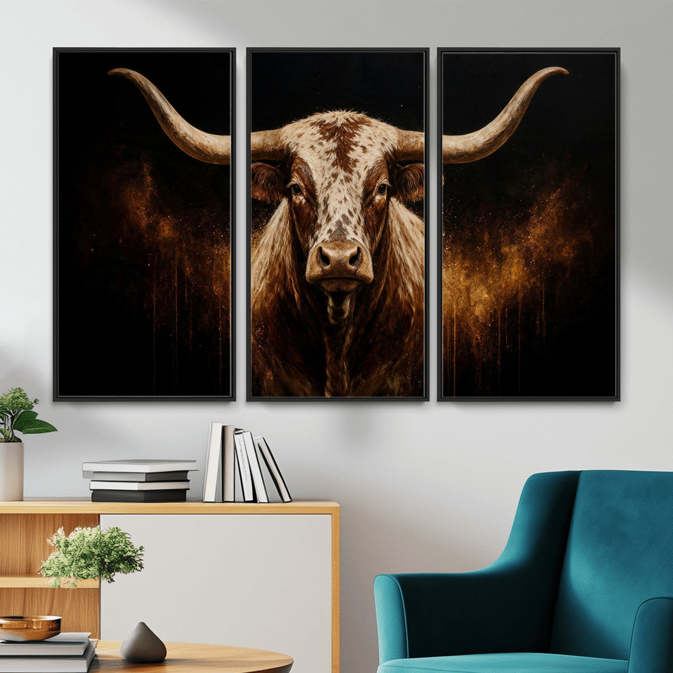62076449-MGV-CV-48X32-3P - Texas Bull Cow Longhorn Canvas Wall Art Moody Western Bull Oil Painting Print