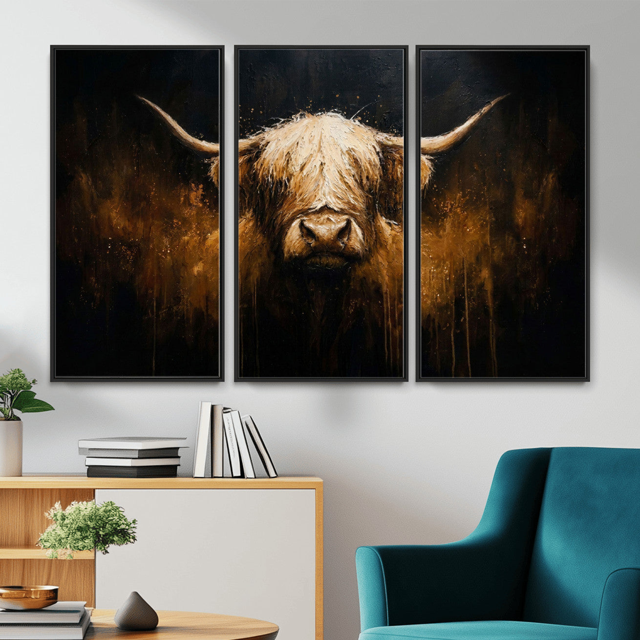 79873059-MGV-CV-36X24 - Rustic Highland Cow Canvas Print Dark Farmhouse Cattle Wall Decor