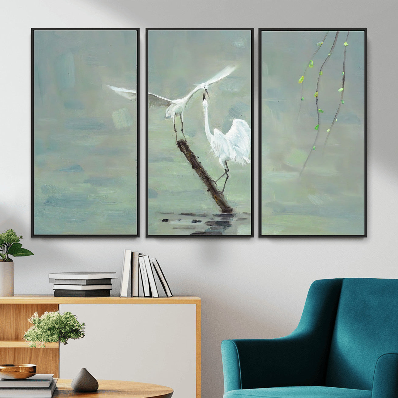 91124838-MGV-CV-36X24 - Two White Egrets on Marsh Branch Wall Art Canvas Print - Vintage Style Coastal Bird Poster