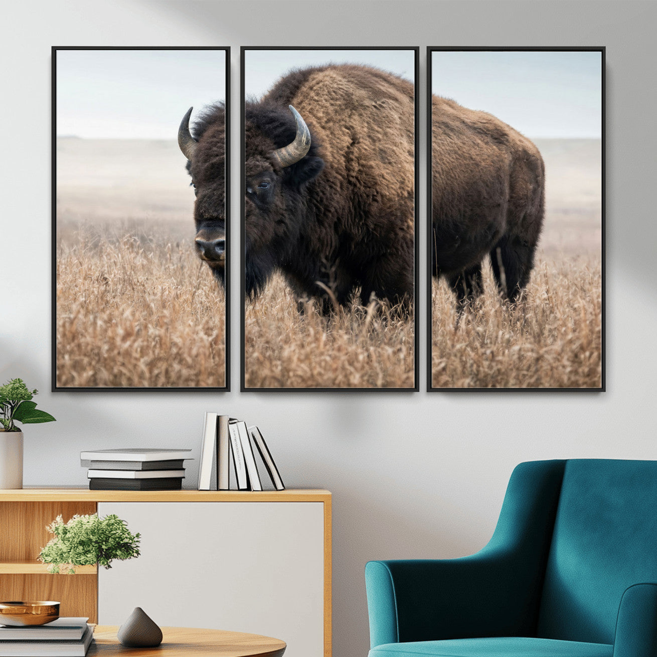 81029583-MGV-CV-36X24 - American Bison in Prairie Field Wall Art Canvas Print - Rustic Wildlife Photography