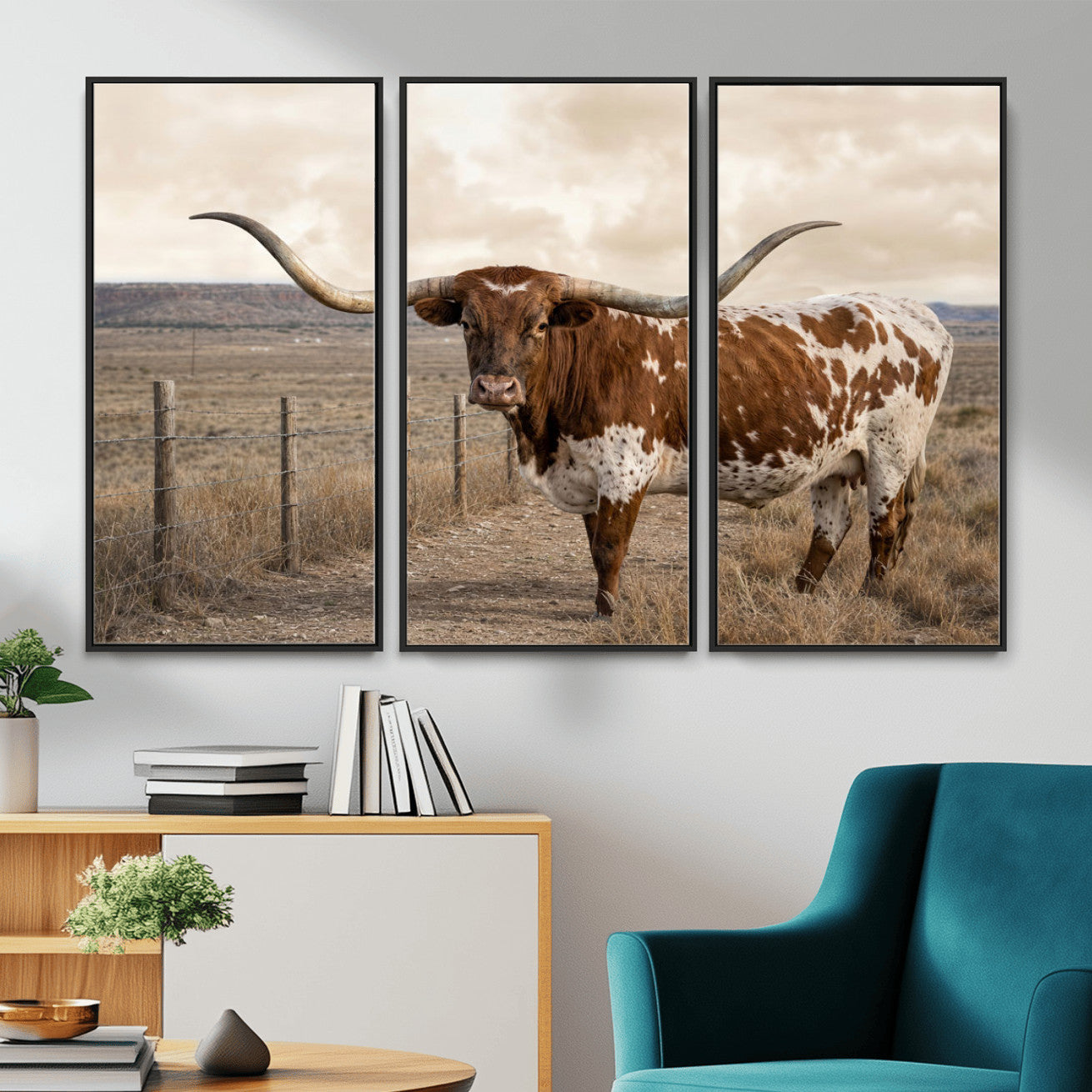 22808364-MGV-CV-36X24 - Texas Longhorn Cattle in Desert Pasture Wall Art Canvas Print - Rustic Western Decor
