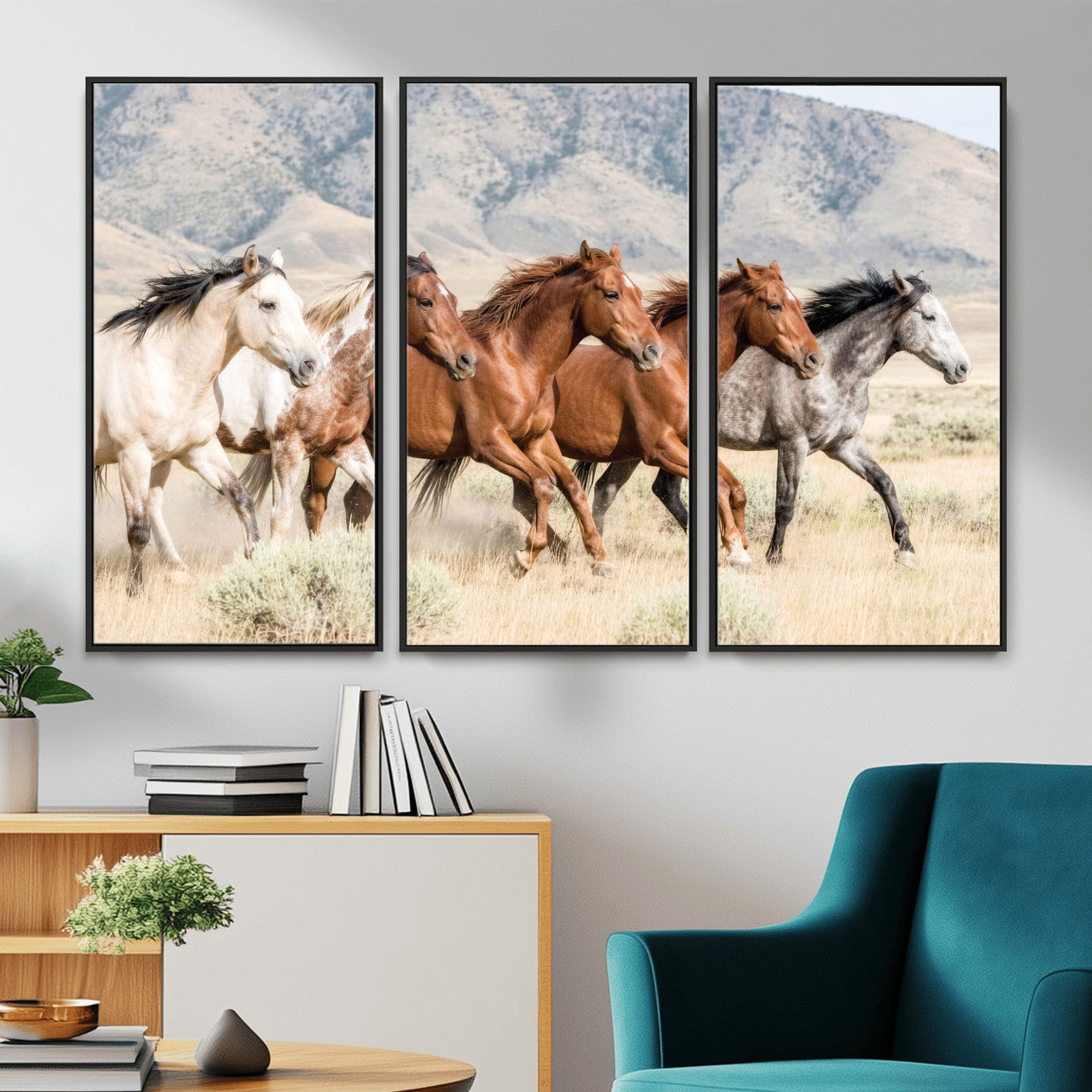 68345893-MGV-CV-36X24 - Five Mustangs Running Wild in Mountain Valley Wall Art Canvas Print - Rustic Western Decor