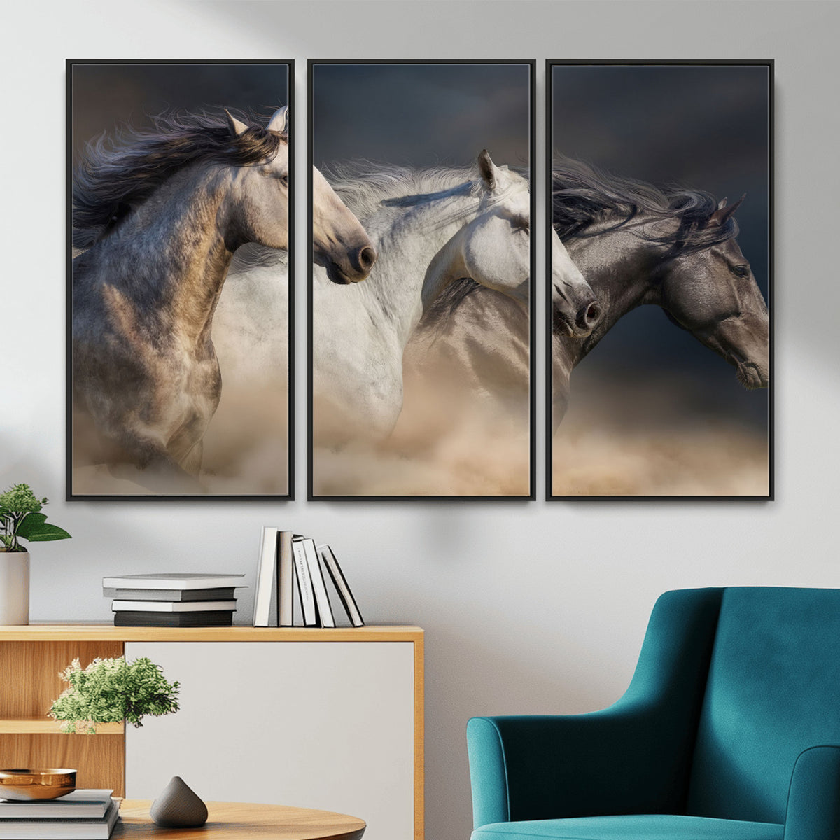 85088910-MGV-CV-36X24 - Three Wild Horses Galloping in Dust Storm Wall Art Canvas Print | Powerful Wildlife Fine Art
