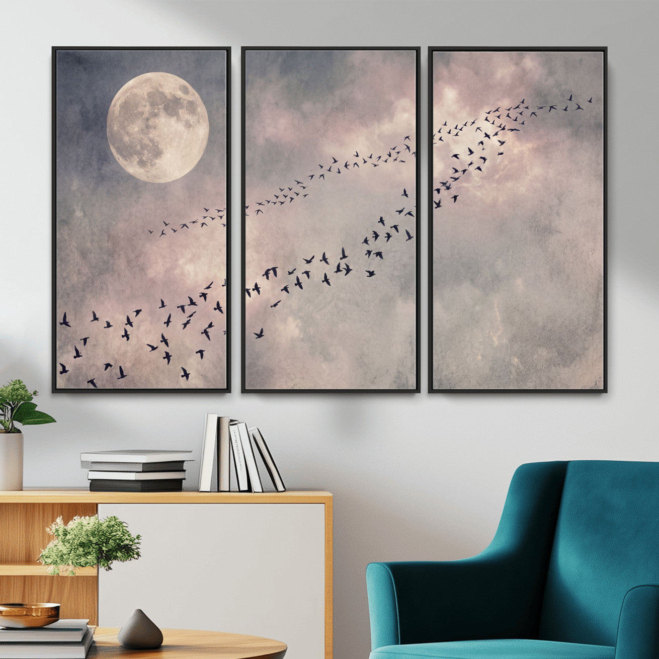 52339590-MGV-CV-36X24 - Birds Flying to Moon Wall Art Canvas Print - Vintage Surreal Night Sky Sky Print