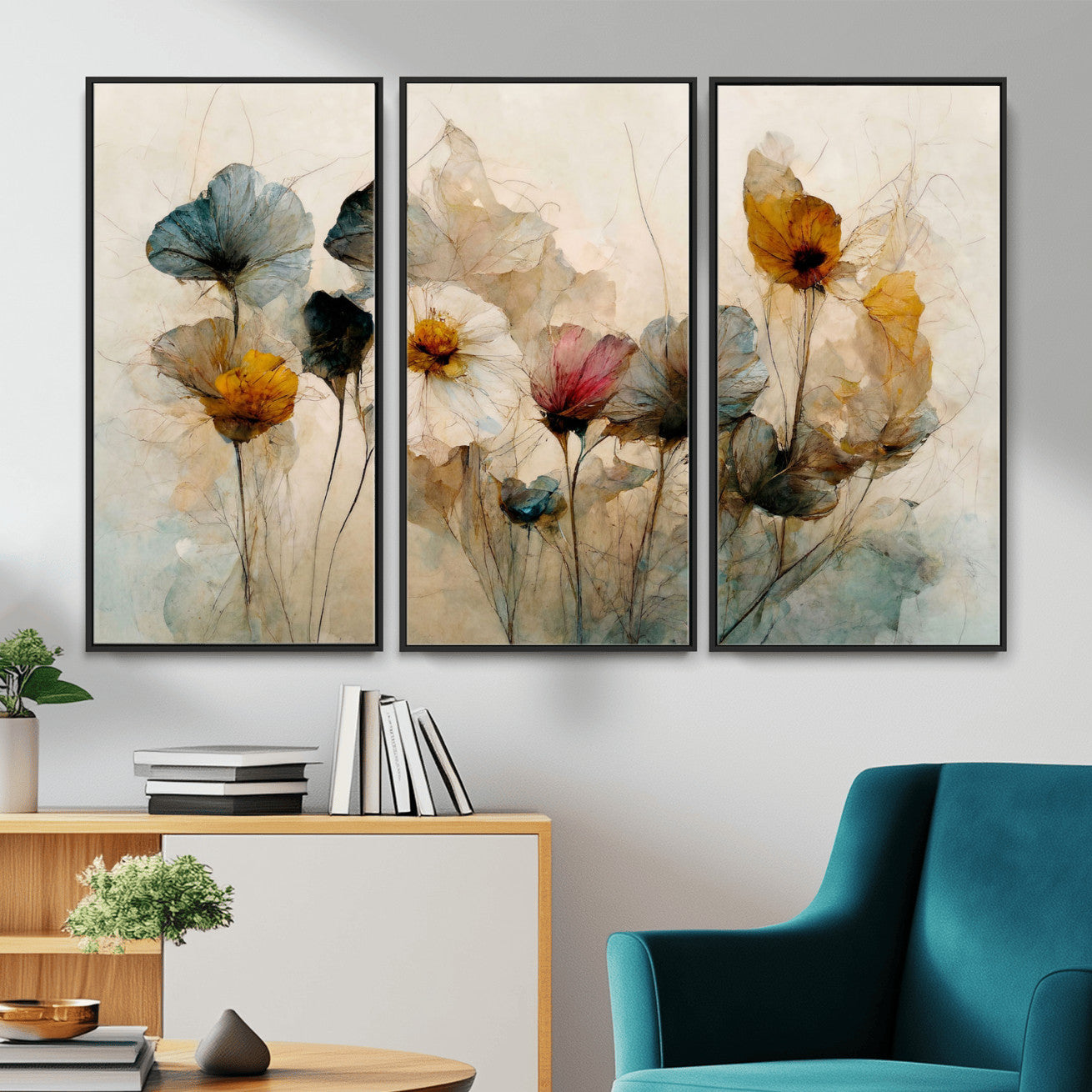 86802229-MGV-CV-36X24 - Vintage Dried Floral Meadow Wall Art Canvas Print, Translucent Watercolor Flowers Painting Print