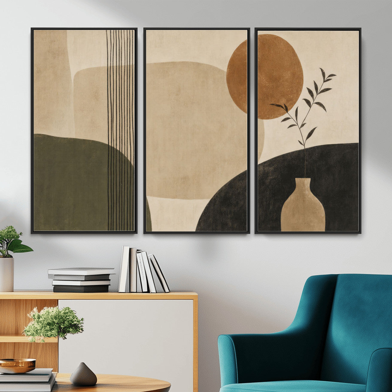 29113684-MGV-CV-36X24 - Japandi Minimalist Abstract Wall Art Canvas Print, Sage Green and Terracotta Sun Botanical Painting Print