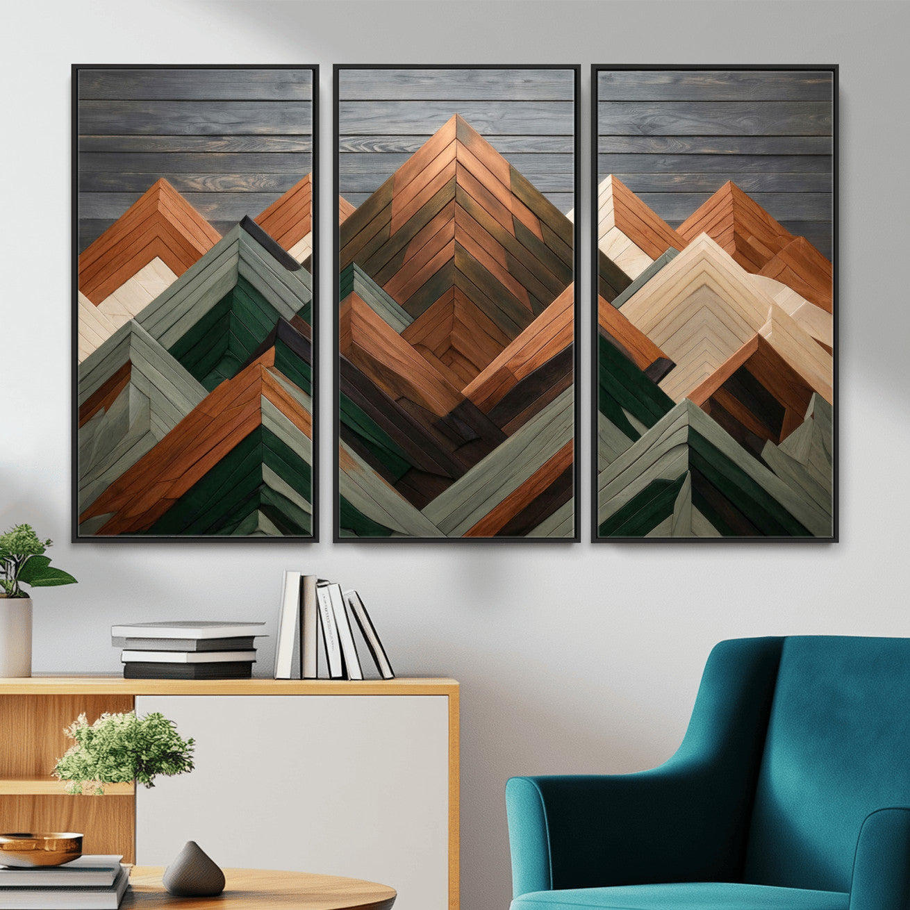 84617347-MGV-CV-36X24 - Geometric Wood Mountain Wall Art Canvas Print, 3D Look Rustic Mosaic Landscape Print