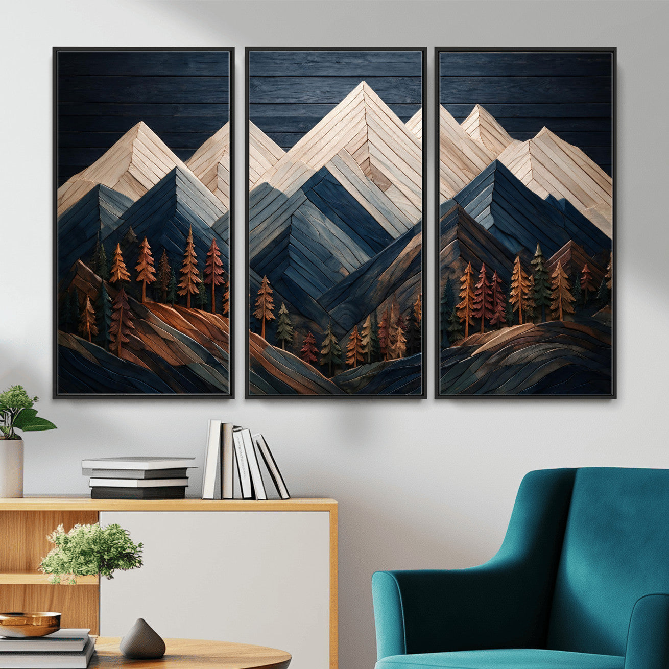 87765072-MGV-CV-36X24 - Geometric Wood Mountain Wall Art Canvas Print, 3D Look Rustic Mosaic Landscape Print