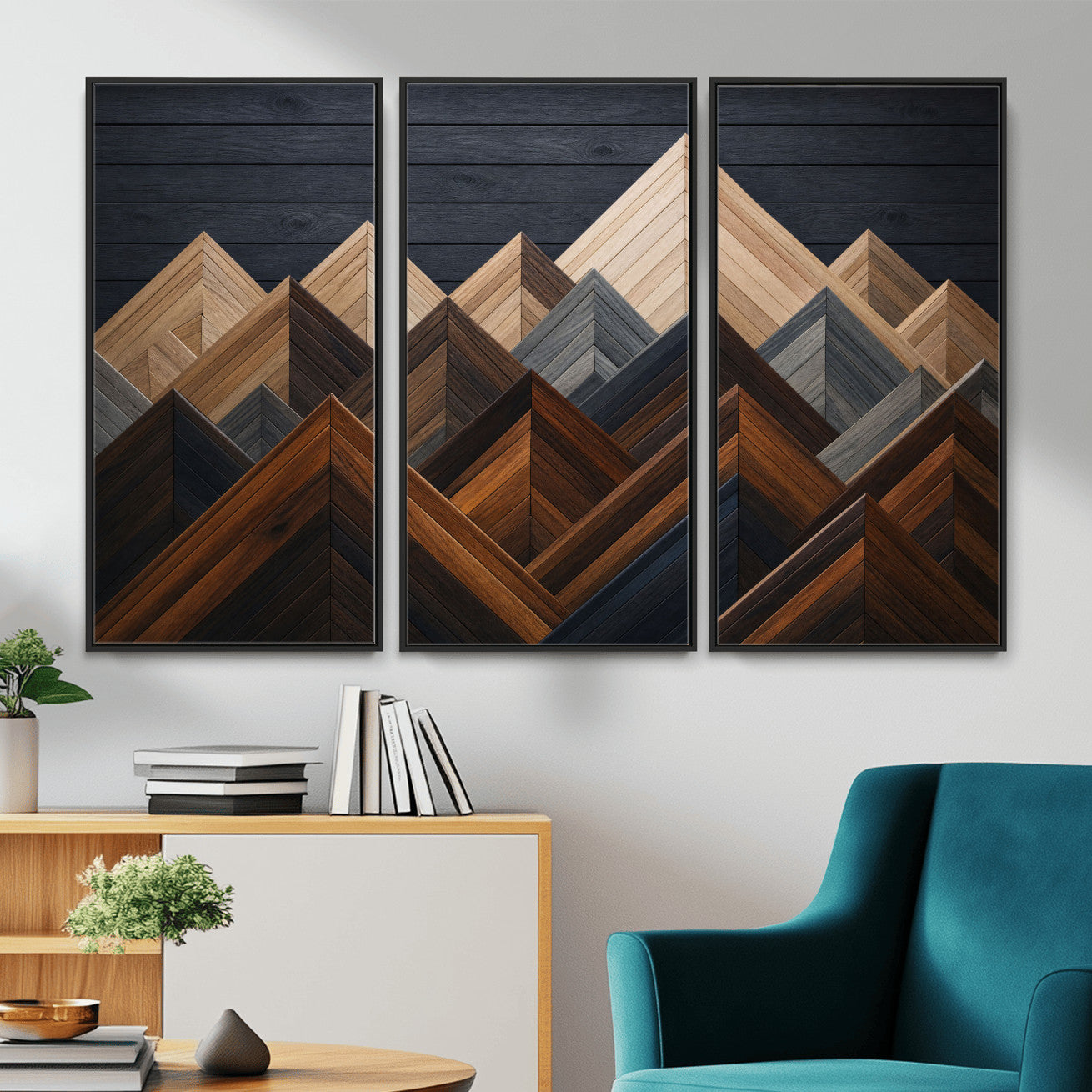 70531117-MGV-CV-36X24 - Geometric Wood Mountain Wall Art Canvas Print, 3D Look Rustic Mosaic Landscape Print